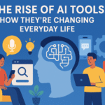 AI tools in everyday life illustration with people using smartphone and laptop.