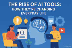 AI tools in everyday life illustration with people using smartphone and laptop.
