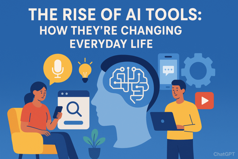 AI tools in everyday life illustration with people using smartphone and laptop.