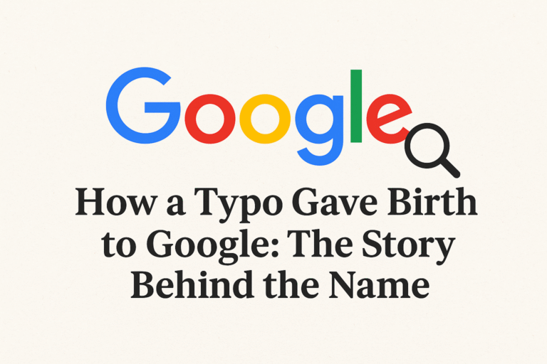 Featured image for blog post about how Google got its name from a typo, showing the Google logo with the headline ‘How a Typo Gave Birth to Google: The Story Behind the Name