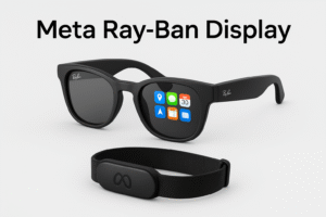 Meta Ray-Ban Display smart glasses with Neural Band on a clean gray background.