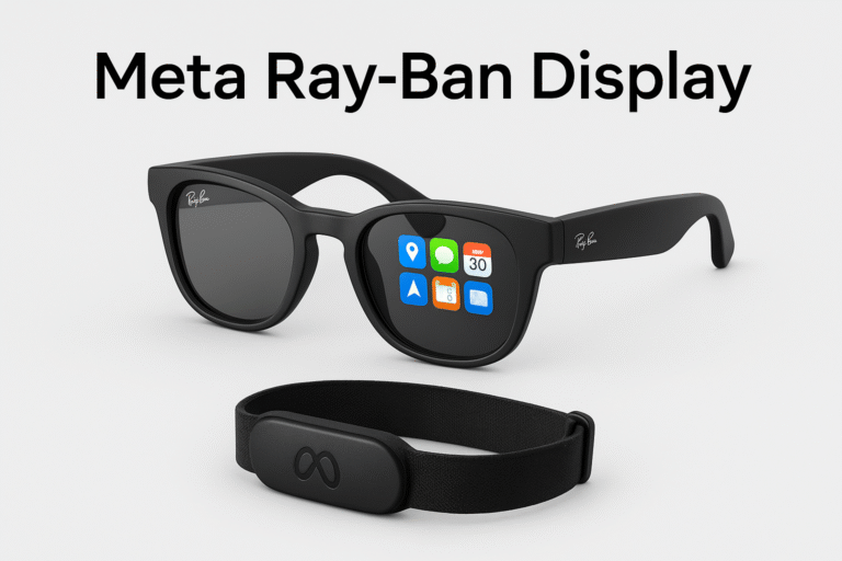 Meta Ray-Ban Display smart glasses with Neural Band on a clean gray background.